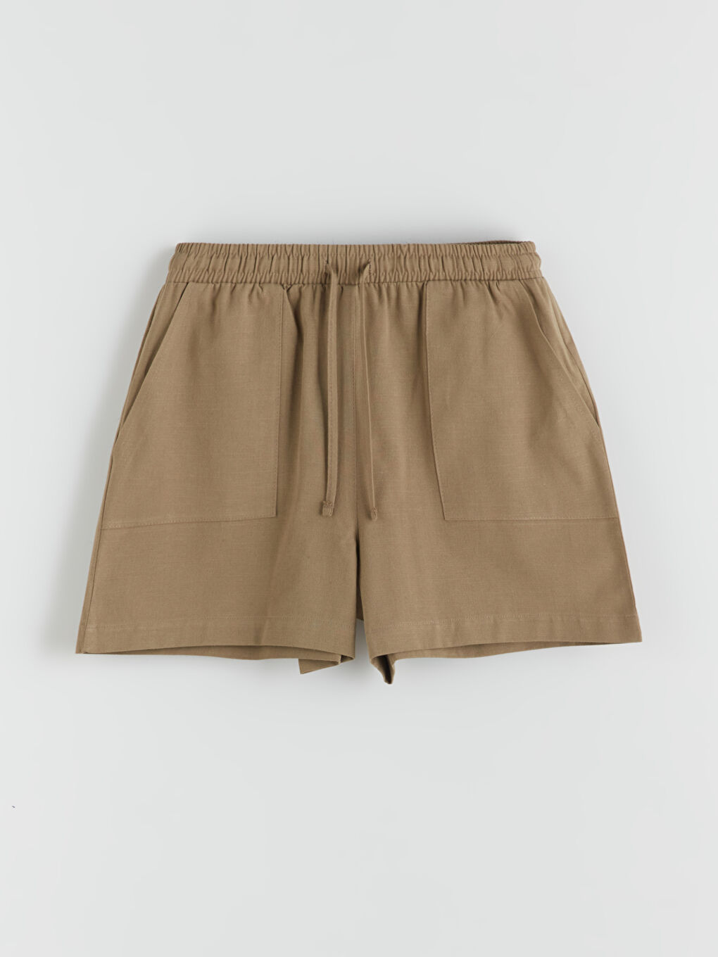 Haki Beli Lastikli Keten Karışımlı Kadın Şort-4