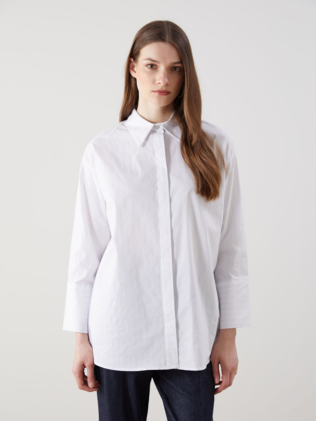 LCW Modest Gri Çizgili Poplin Kadın Gömlek Tunik
