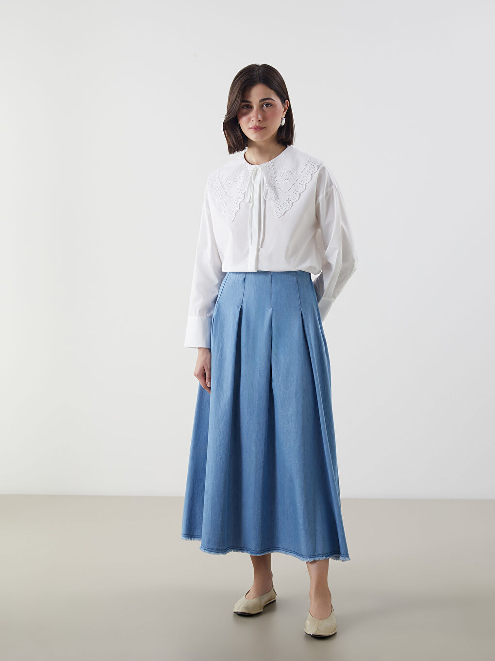 Ekru Bebe Yaka Poplin Kadın Gömlek Tunik-1