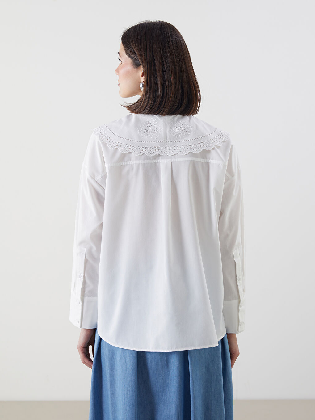 Ekru Bebe Yaka Poplin Kadın Gömlek Tunik-3