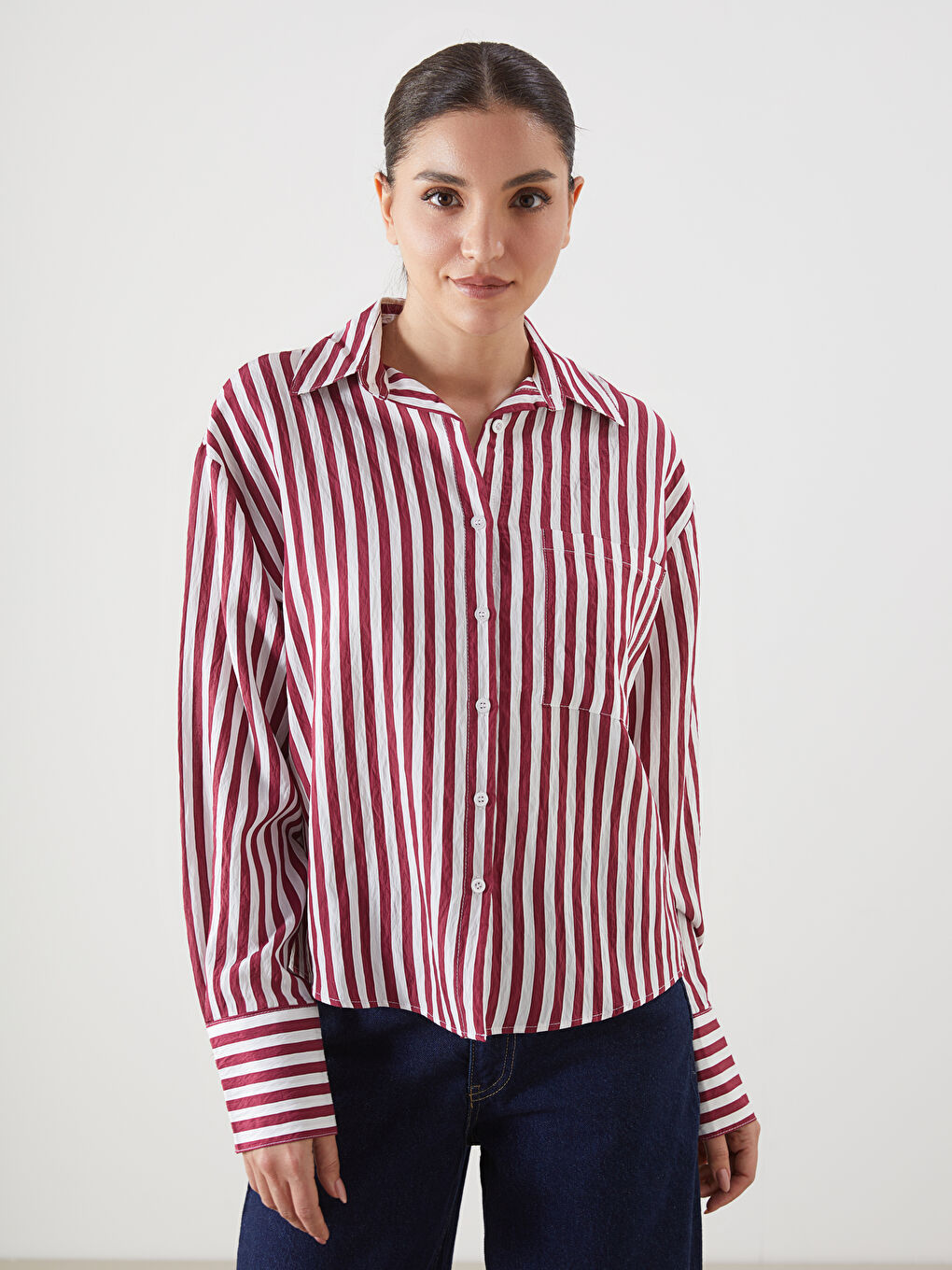 Kırmızı Çizgili Oversize Kadın Gömlek