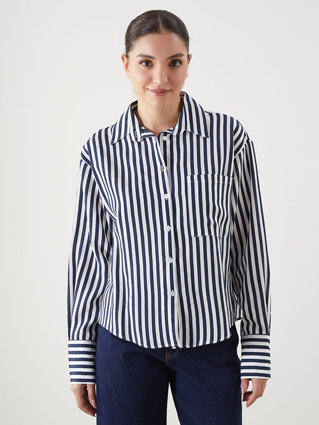 Mavi Çizgili Oversize Kadın Gömlek