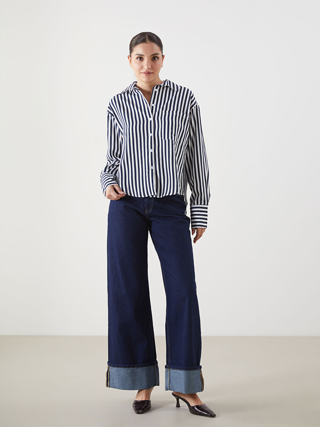 Mavi Çizgili Oversize Kadın Gömlek-1