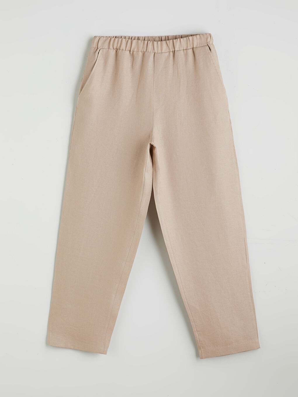 Bej Beli Lastikli %100 Keten Kadın Pantolon-4