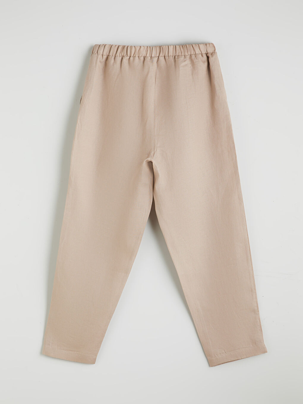 Bej Beli Lastikli %100 Keten Kadın Pantolon-5