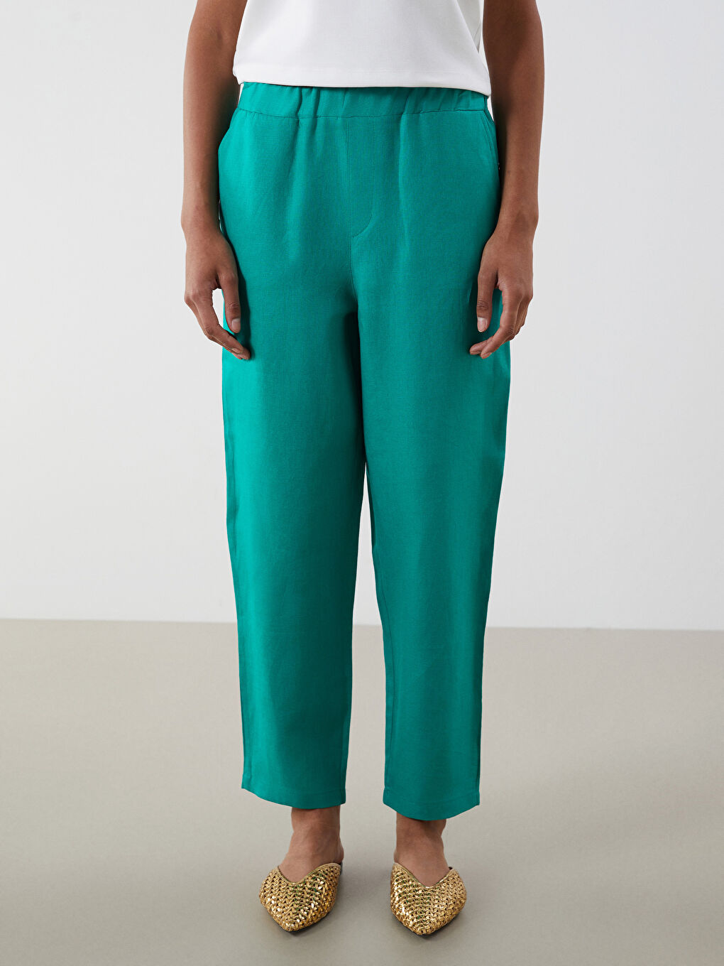 Yeşil Beli Lastikli %100 Keten Kadın Pantolon-1