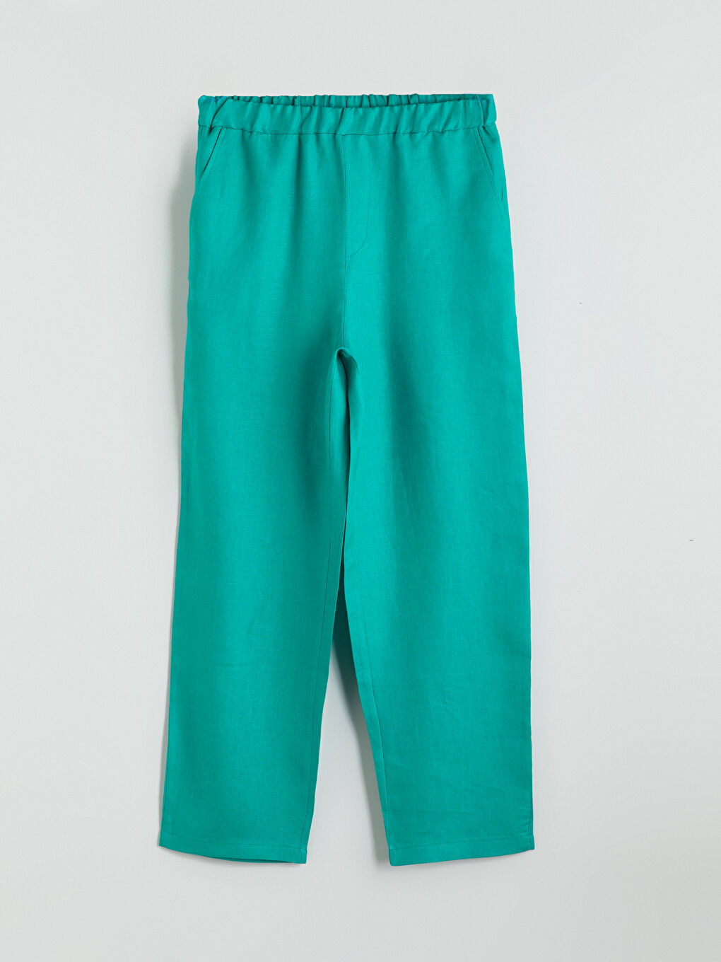 Yeşil Beli Lastikli %100 Keten Kadın Pantolon-4