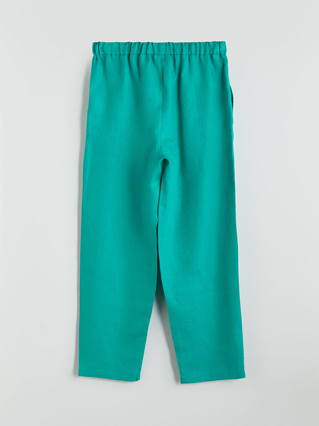 Yeşil Beli Lastikli %100 Keten Kadın Pantolon-5