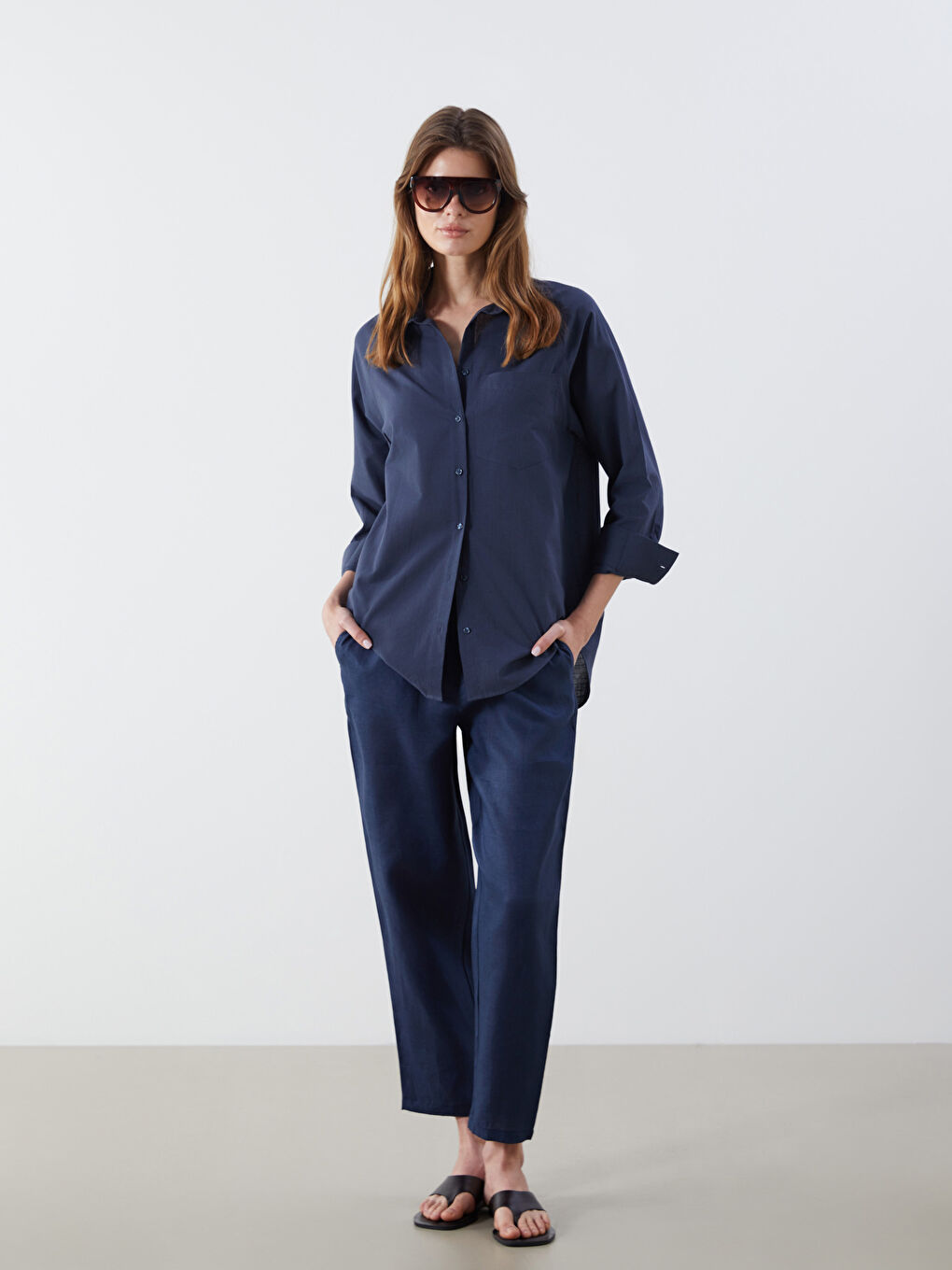 Lacivert Beli Lastikli %100 Keten Kadın Pantolon