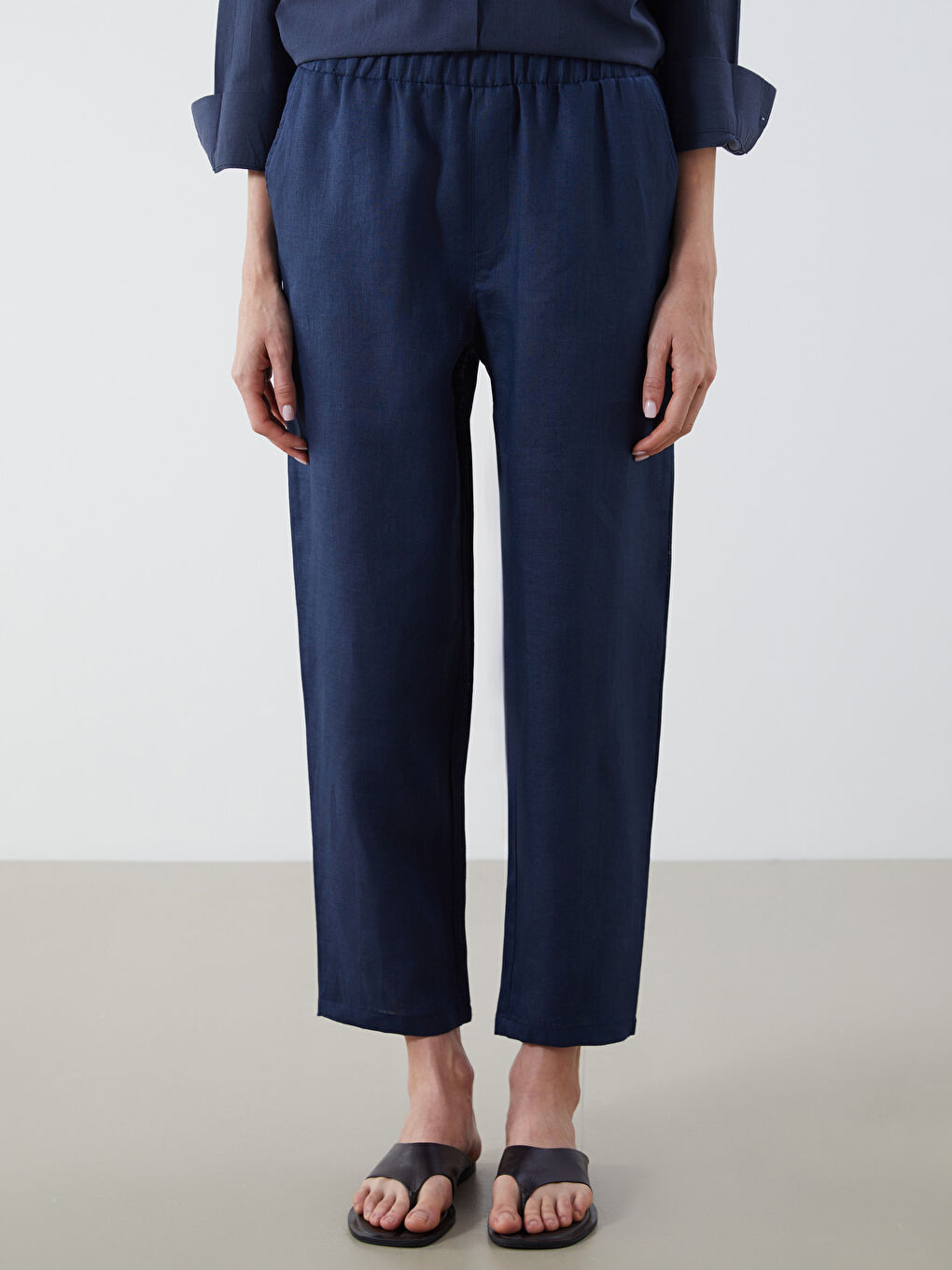 Lacivert Beli Lastikli %100 Keten Kadın Pantolon-1