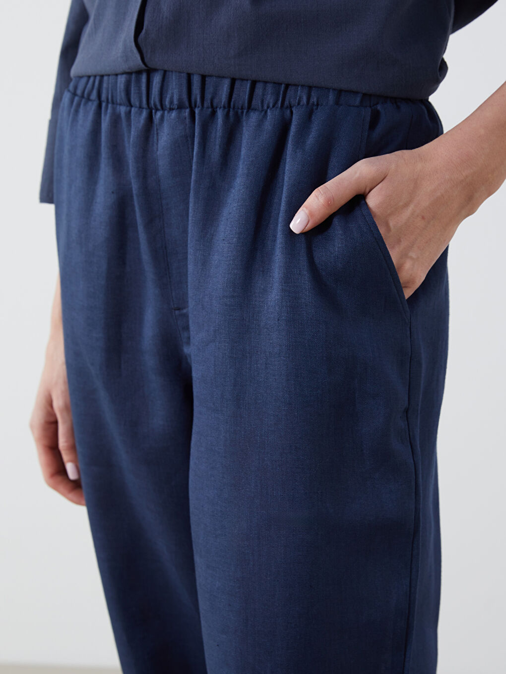 Lacivert Beli Lastikli %100 Keten Kadın Pantolon-2