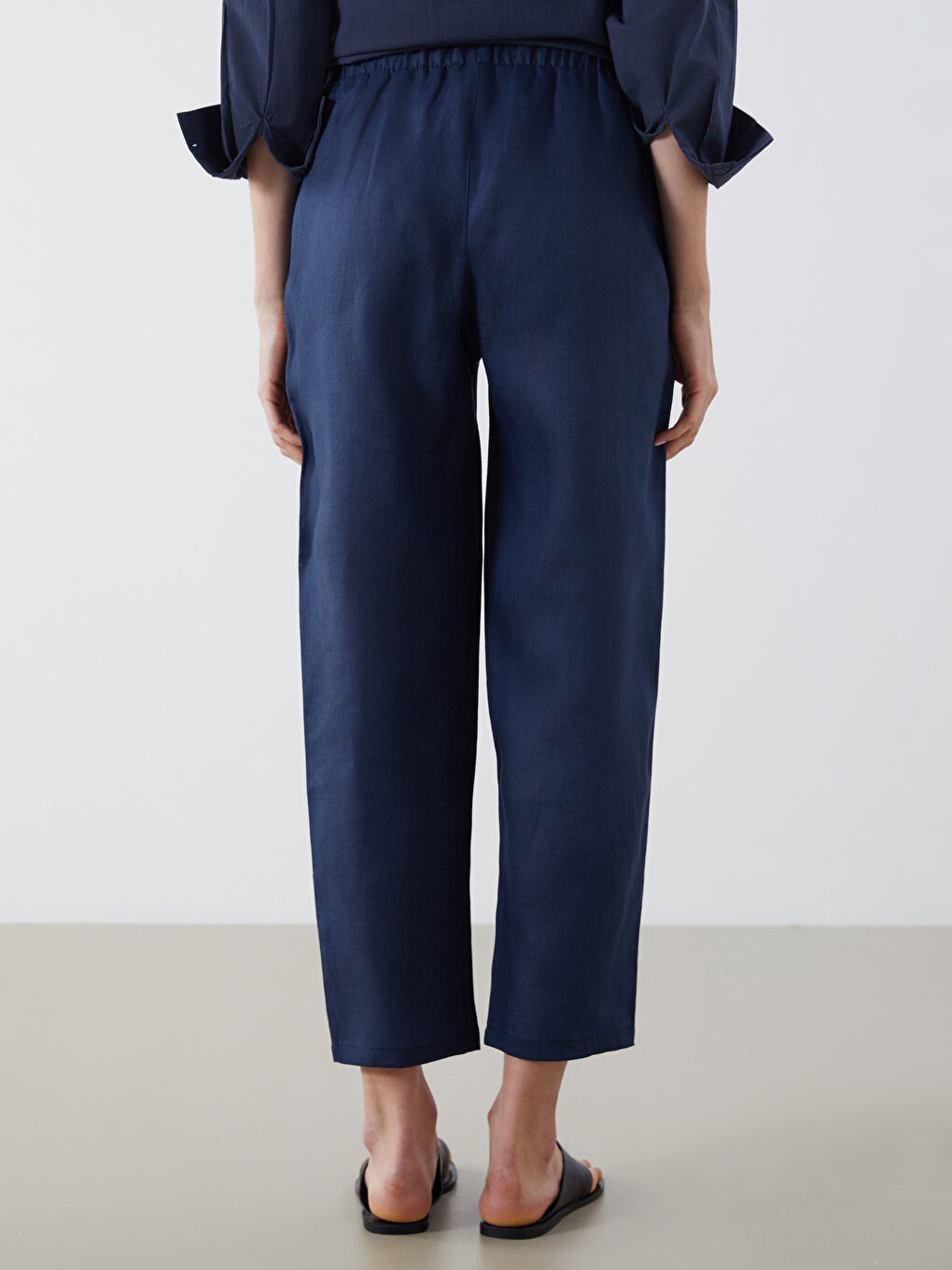 Lacivert Beli Lastikli %100 Keten Kadın Pantolon-3