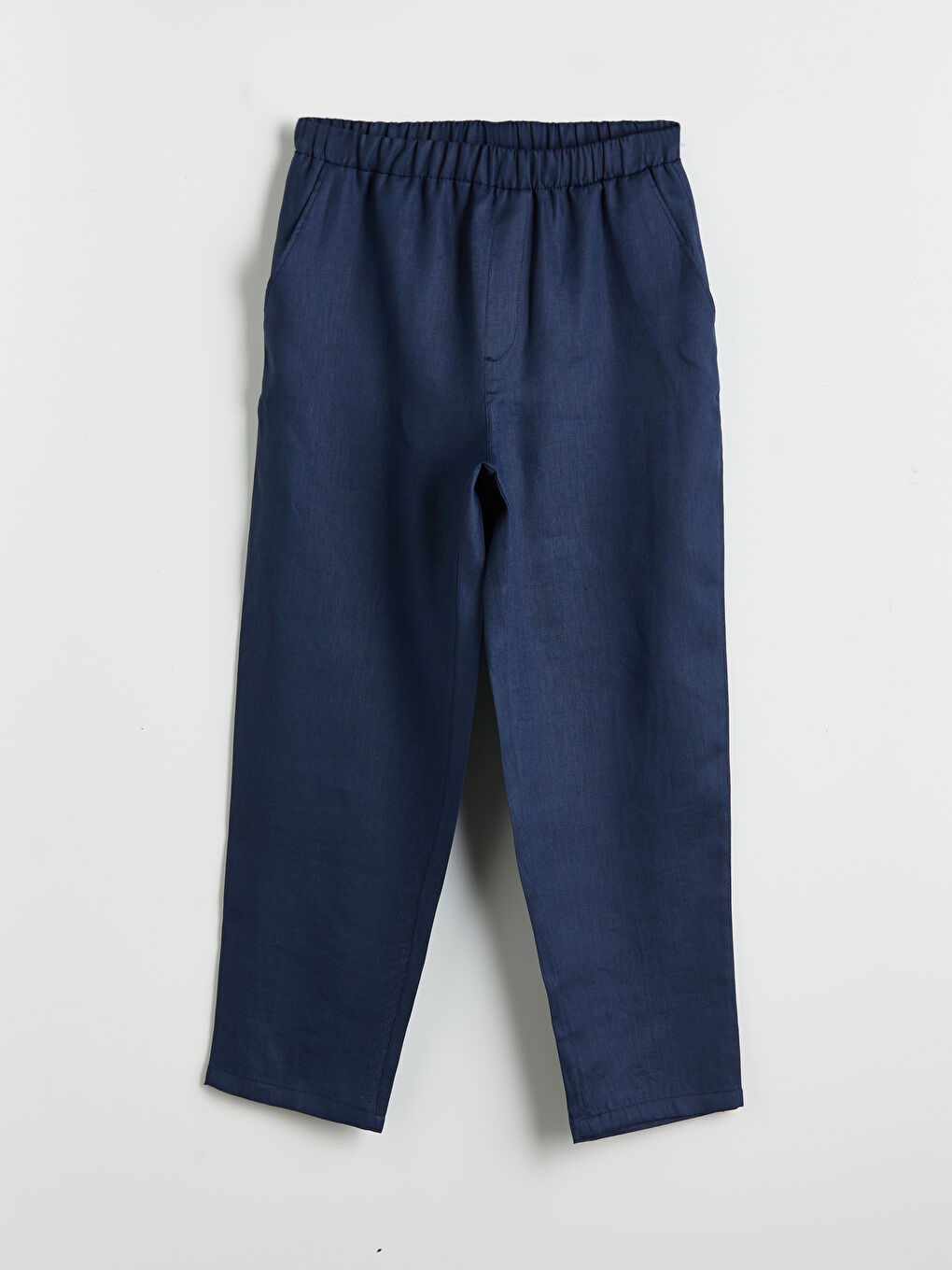 Lacivert Beli Lastikli %100 Keten Kadın Pantolon-4