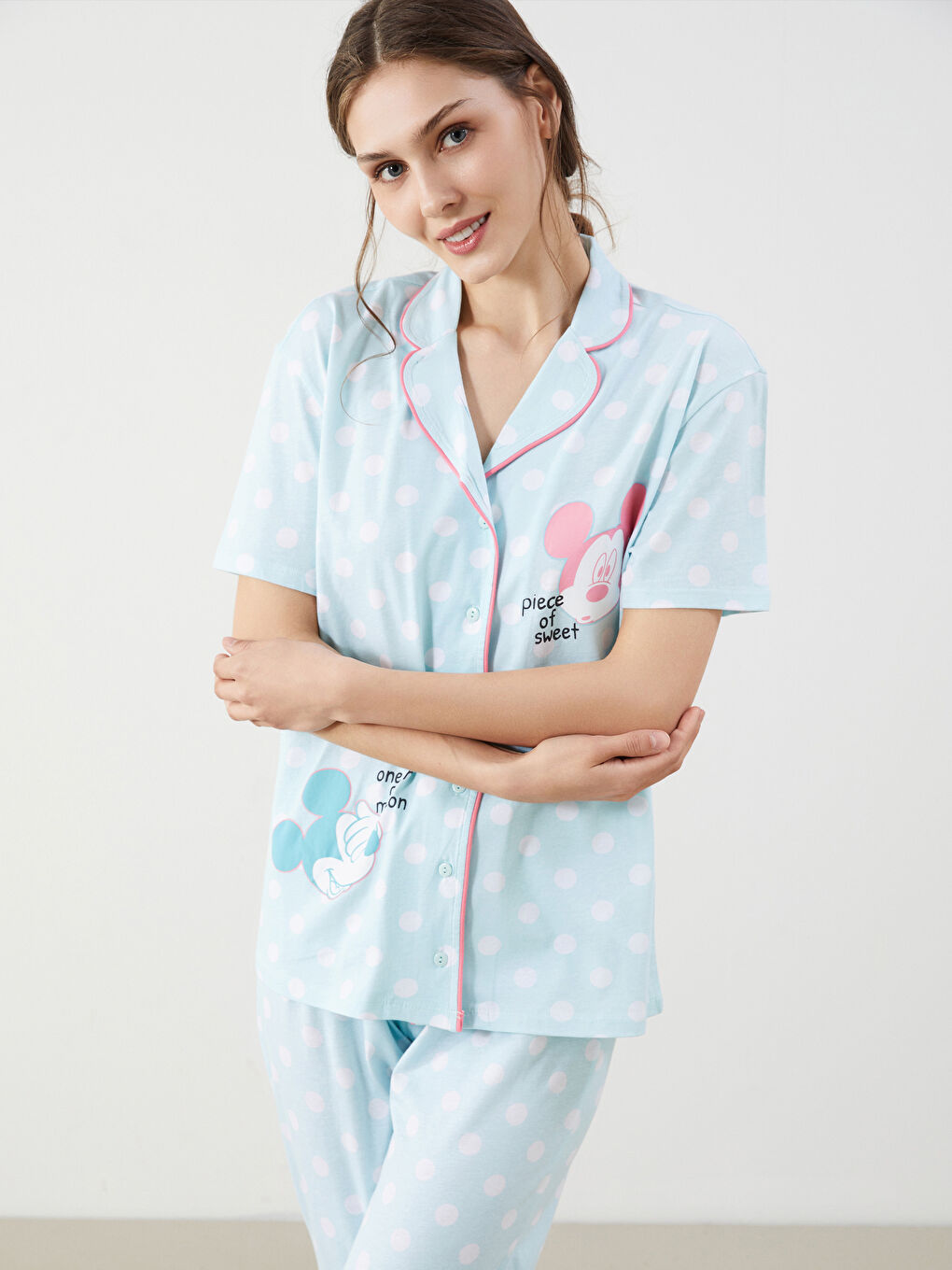 Mavi Mickey Mouse Baskılı Kadın Pijama Takımı