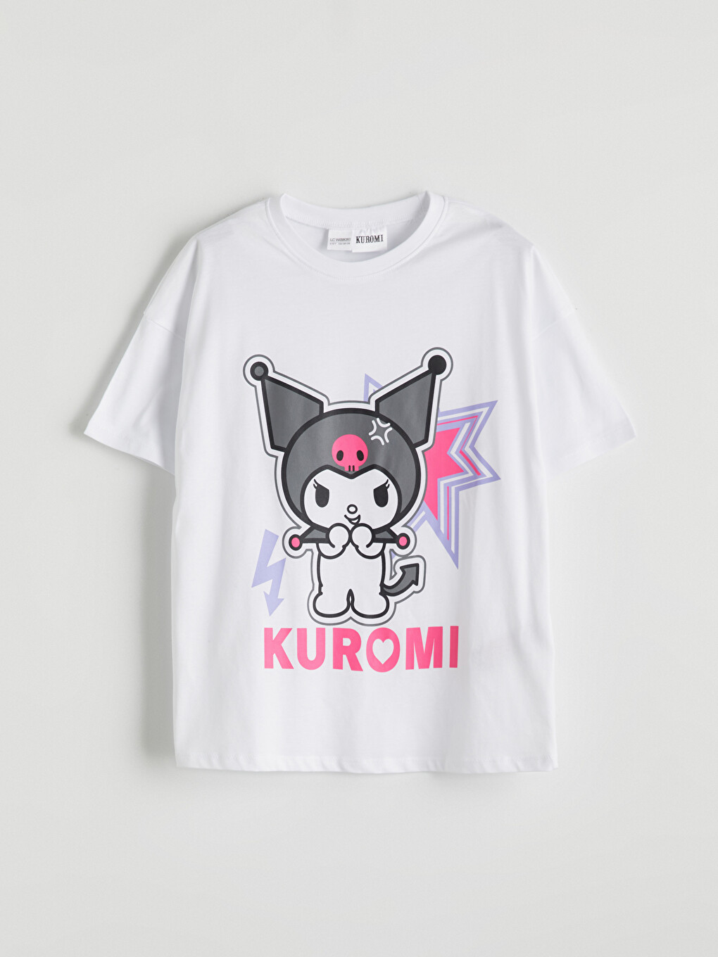 Beyaz Bisiklet Yaka Kuromi Baskılı Kız Çocuk Pijama Üstü