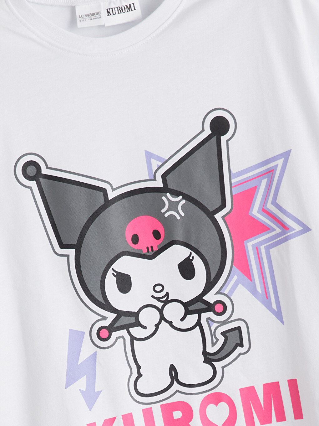 Beyaz Bisiklet Yaka Kuromi Baskılı Kız Çocuk Pijama Üstü-2