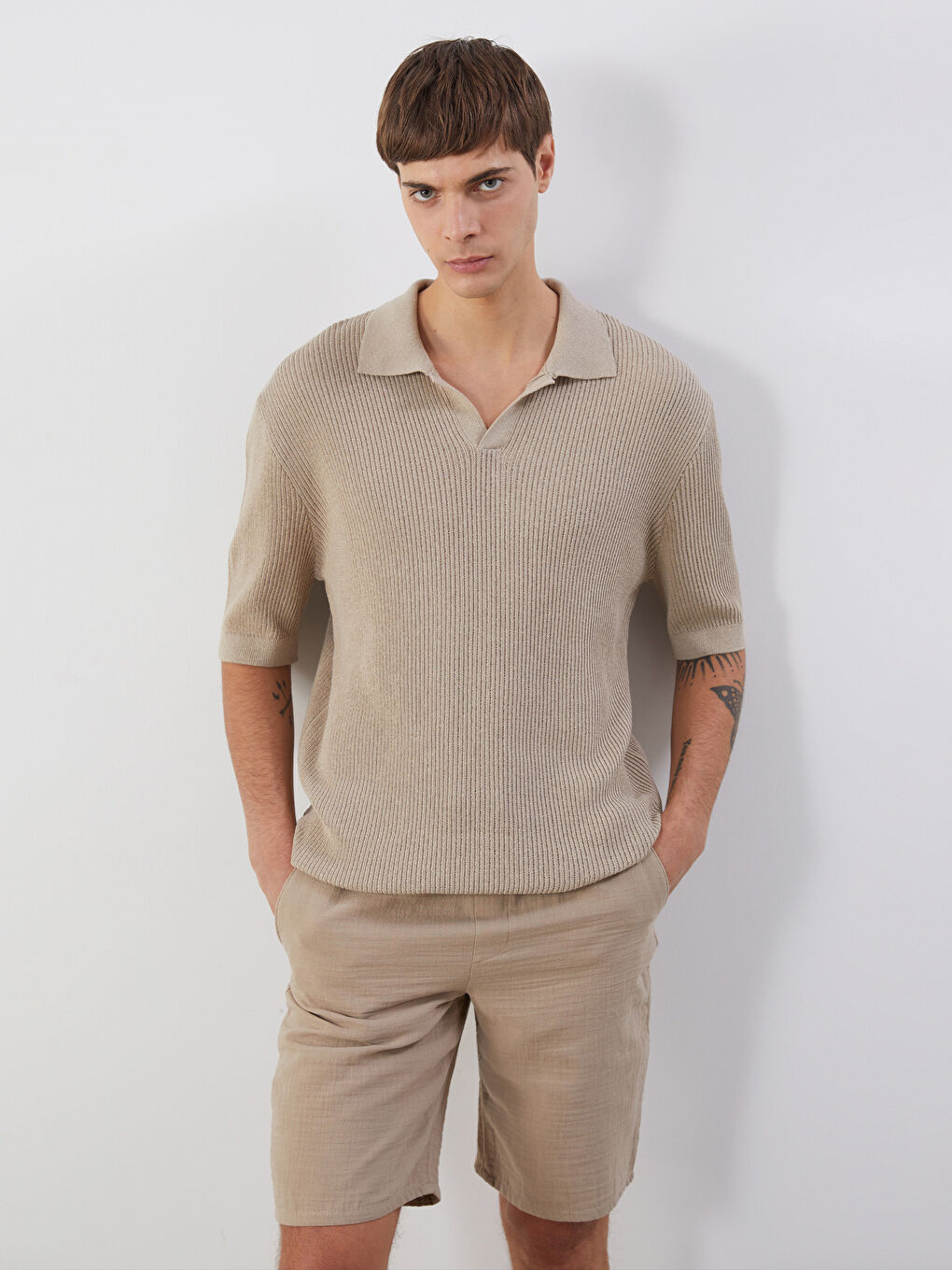 Bej Polo Yaka Erkek Triko Kazak