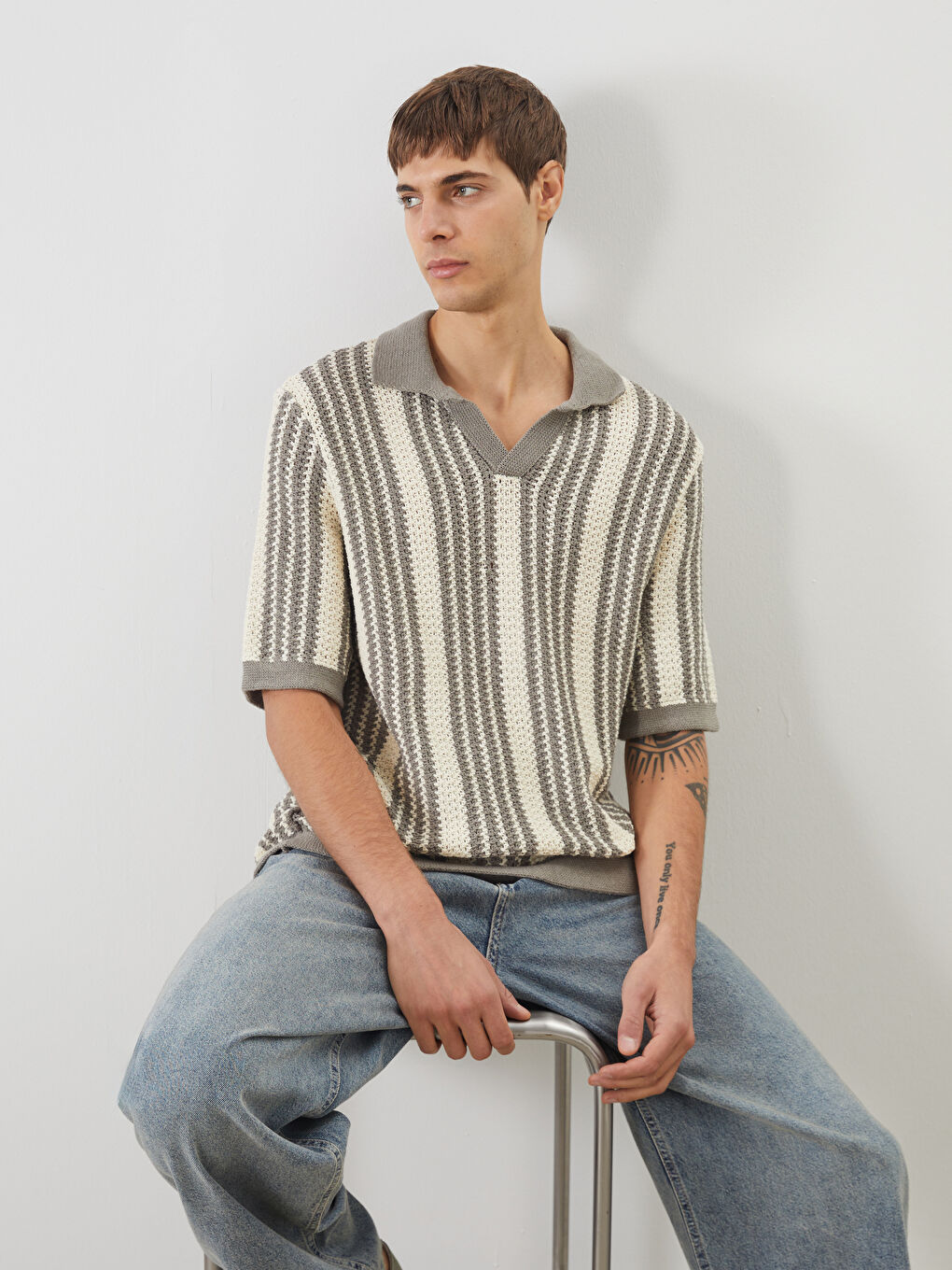 Bej Polo Yaka Çizgili Erkek Triko Kazak