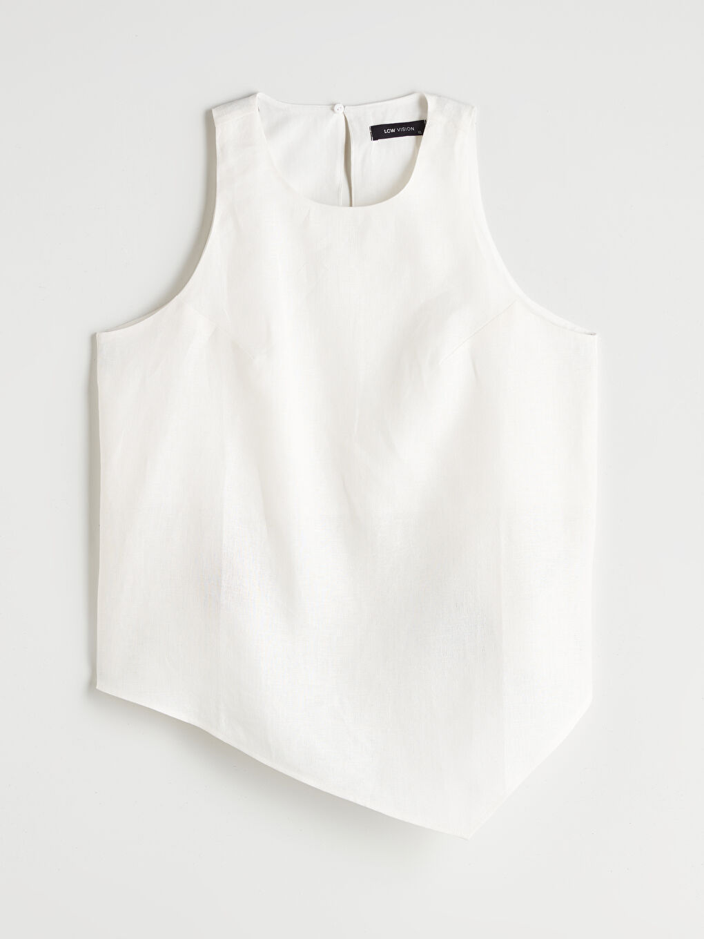 Ekru Bisiklet Yaka Keten Karışımlı Asimetrik Kesim Bluz-4