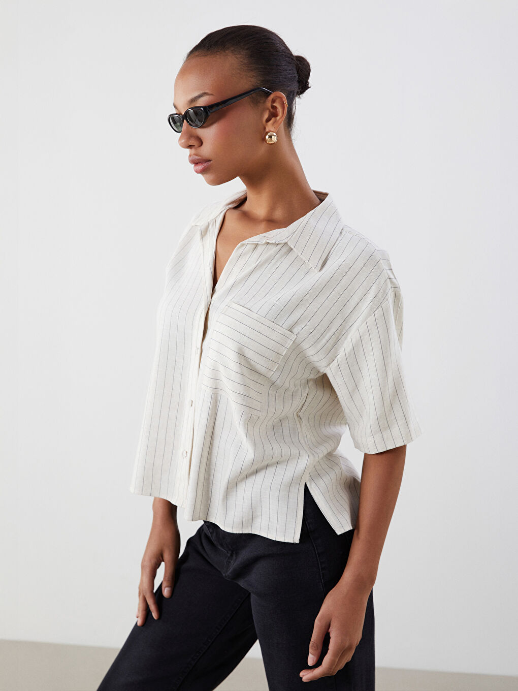 Bej Çizgili Keten Karışımlı Kadın Gömlek