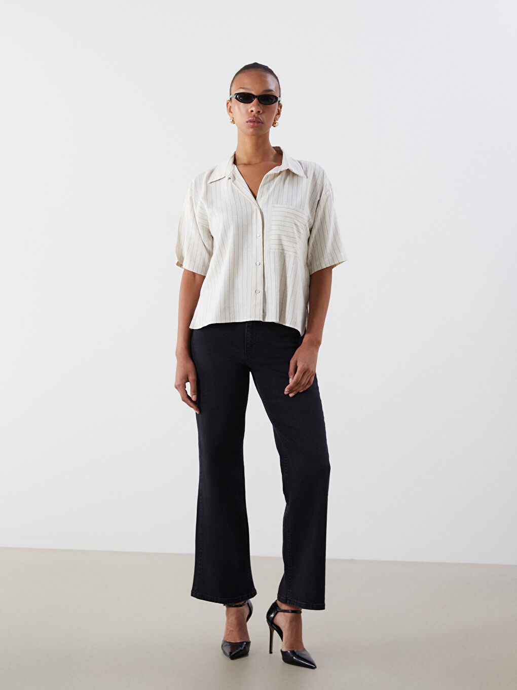 Bej Çizgili Keten Karışımlı Kadın Gömlek-1