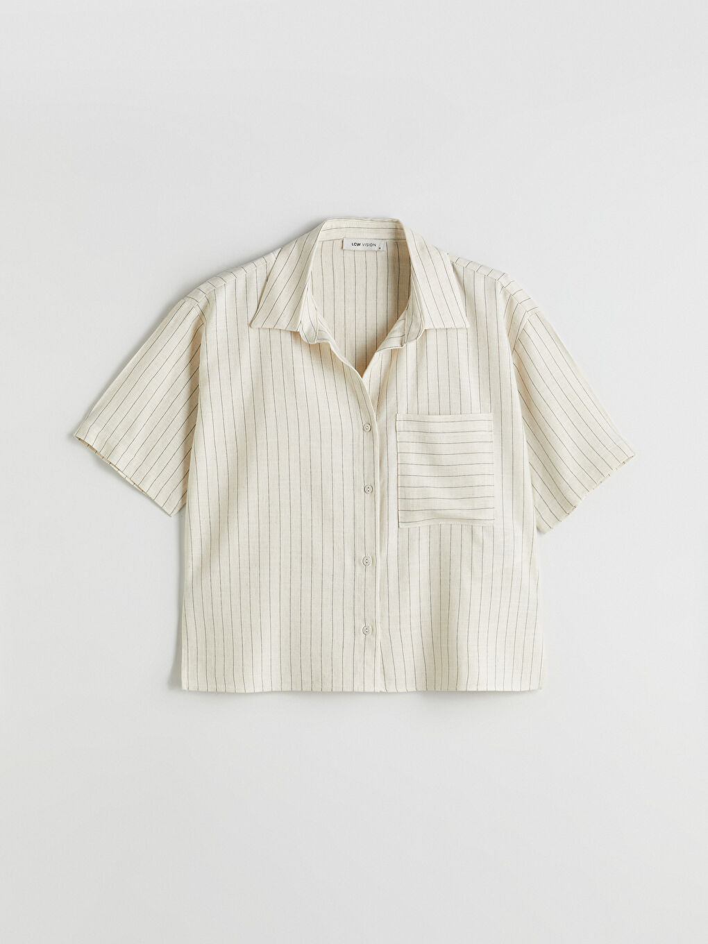 Bej Çizgili Keten Karışımlı Kadın Gömlek-4