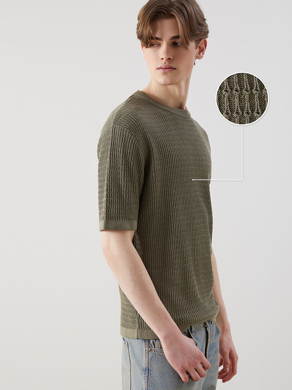 Yeşil Bisiklet Yaka Kısa Kollu Erkek Dokulu Triko Kazak