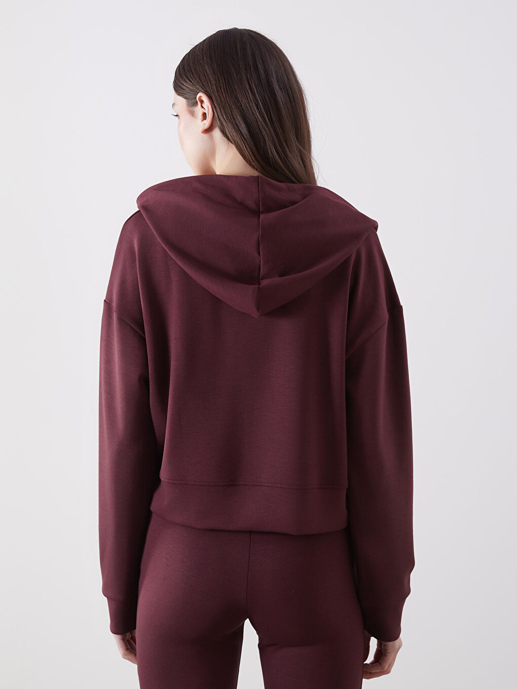 Bordo Kapüşonlu Crop Kadın Fermuarlı Sweatshirt-3