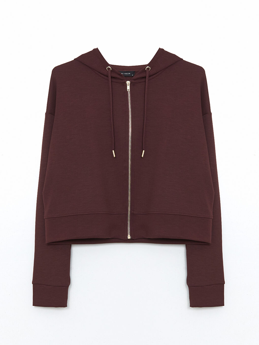 Bordo Kapüşonlu Crop Kadın Fermuarlı Sweatshirt-4