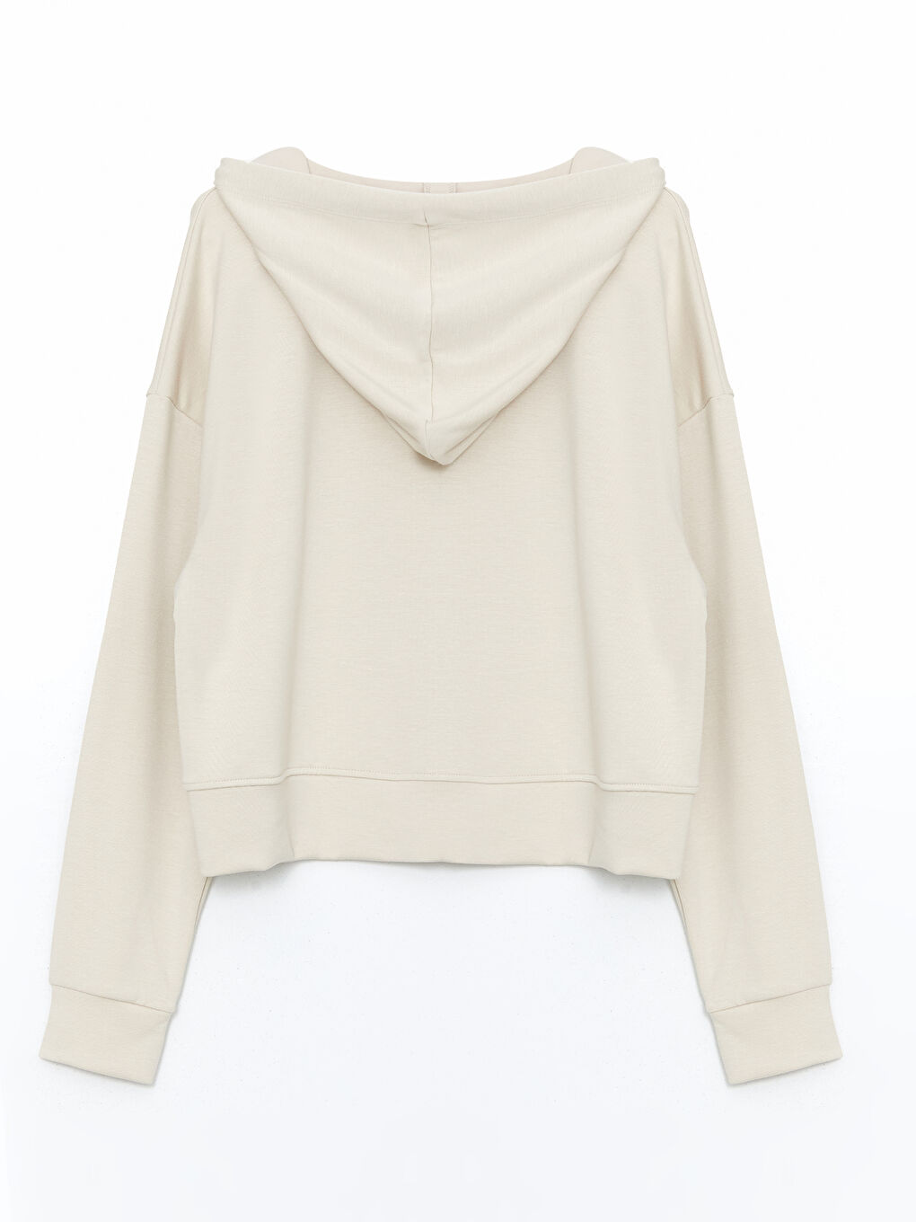 Bej Kapüşonlu Crop Kadın Fermuarlı Sweatshirt-5