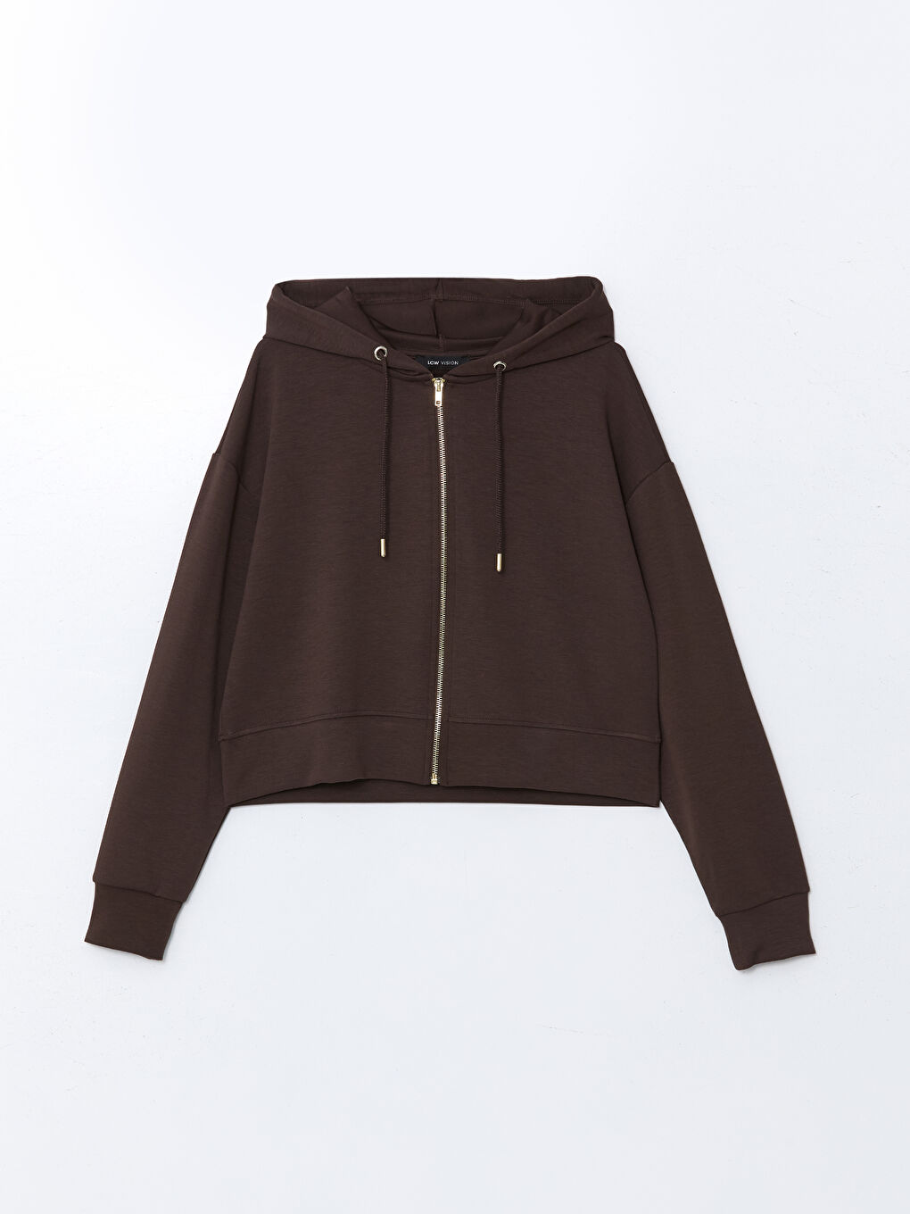 Kahverengi Kapüşonlu Crop Kadın Fermuarlı Sweatshirt-4