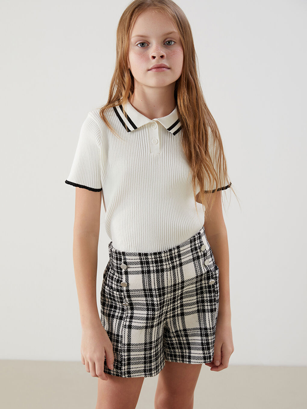 LCW Kids Ekru Polo Yaka Kız Çocuk Triko Kazak