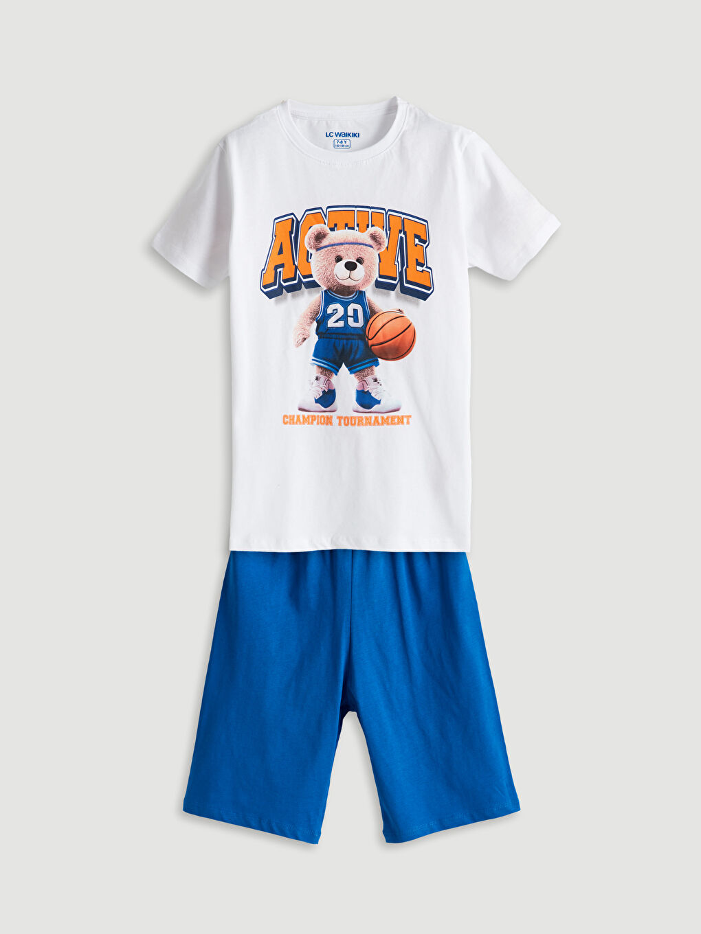 Beyaz Bisiklet Yaka Ayı Teddy Baskılı Erkek Çocuk Şortlu Pijama Takımı