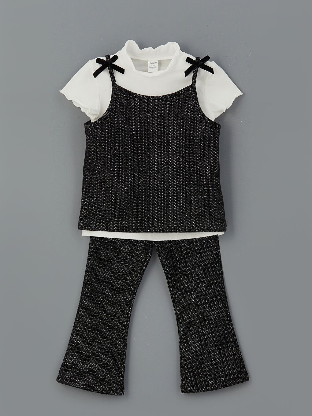 Ekru Fiyonklu Kız Çocuk Tişört Tayt Pantolon ve Bluz 3'li