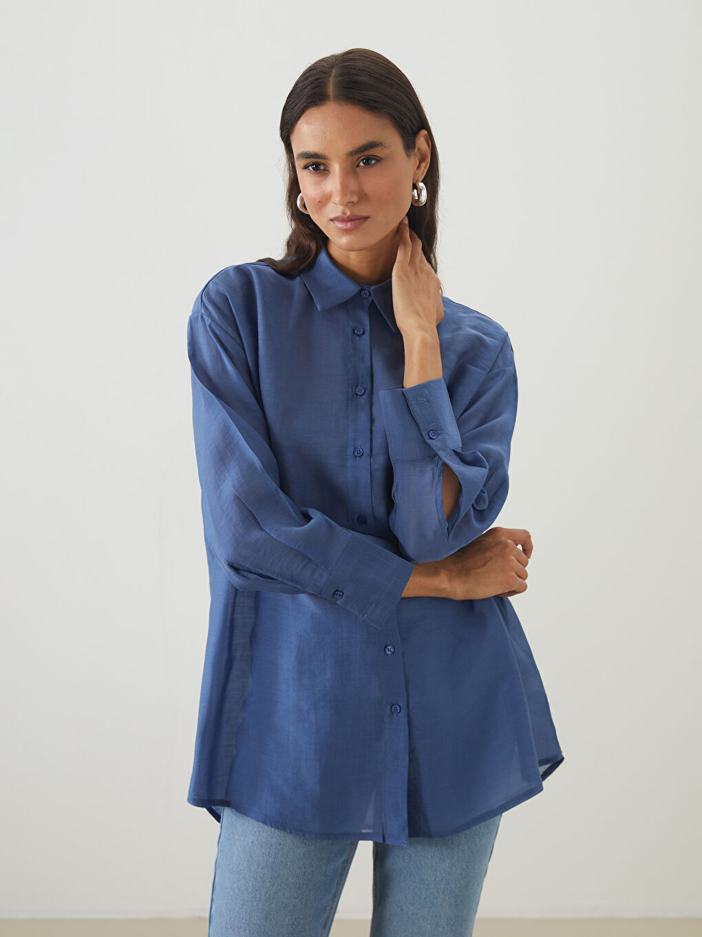 Mavi Poplin Kadın Gömlek Tunik
