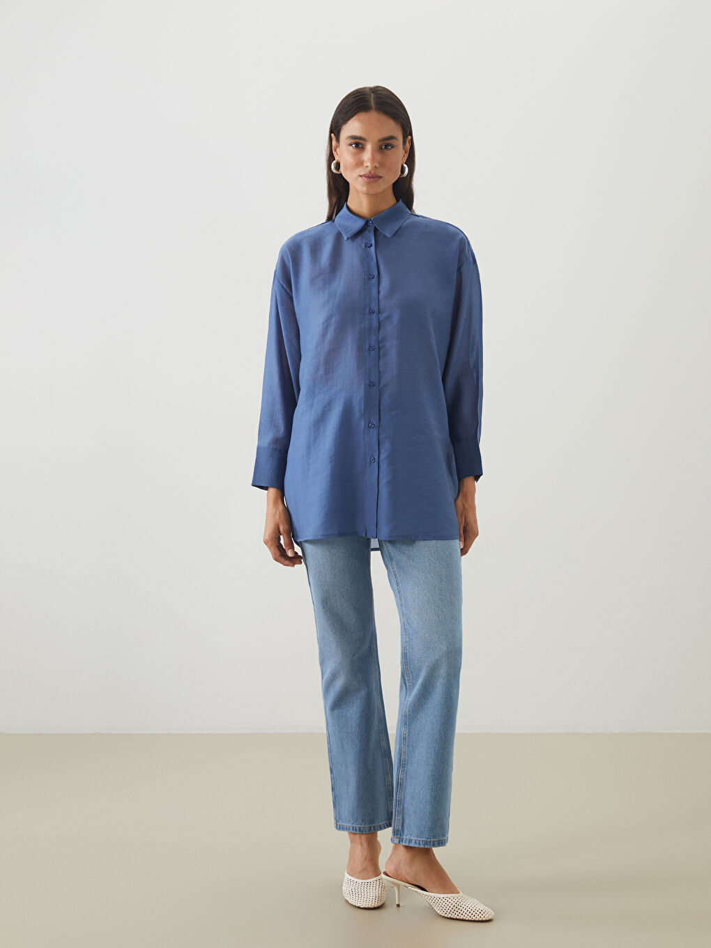 Mavi Poplin Kadın Gömlek Tunik-1