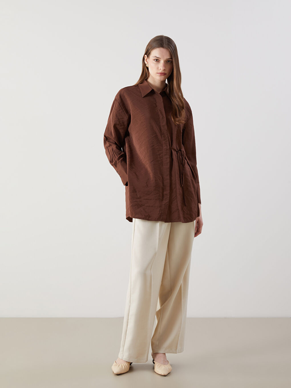 Kahverengi Modal Karışımlı Oversize Kadın Gömlek Tunik-1