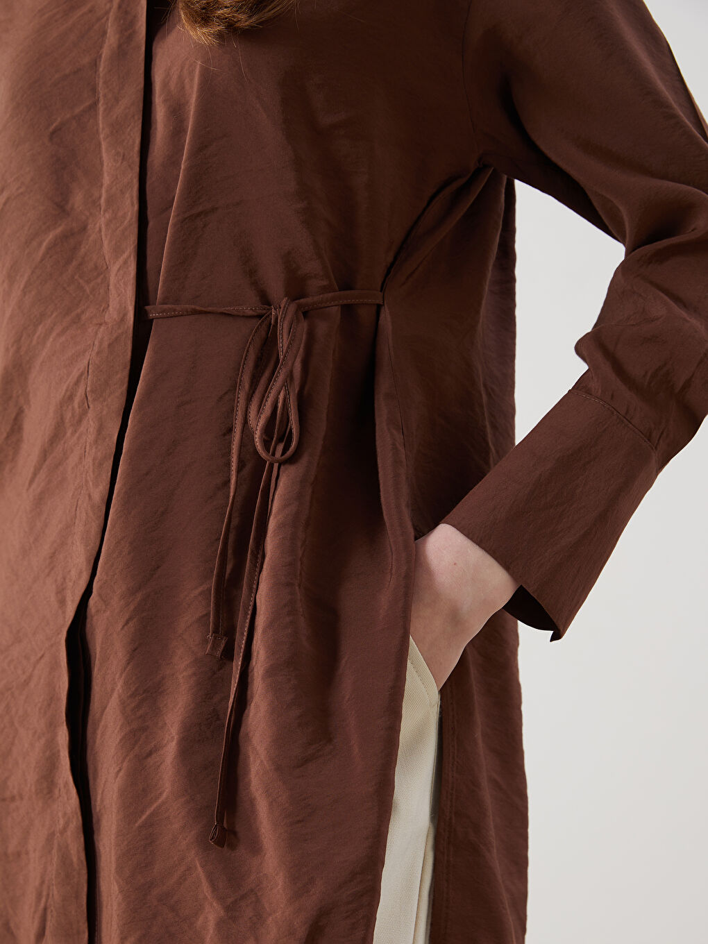 Kahverengi Modal Karışımlı Oversize Kadın Gömlek Tunik-2