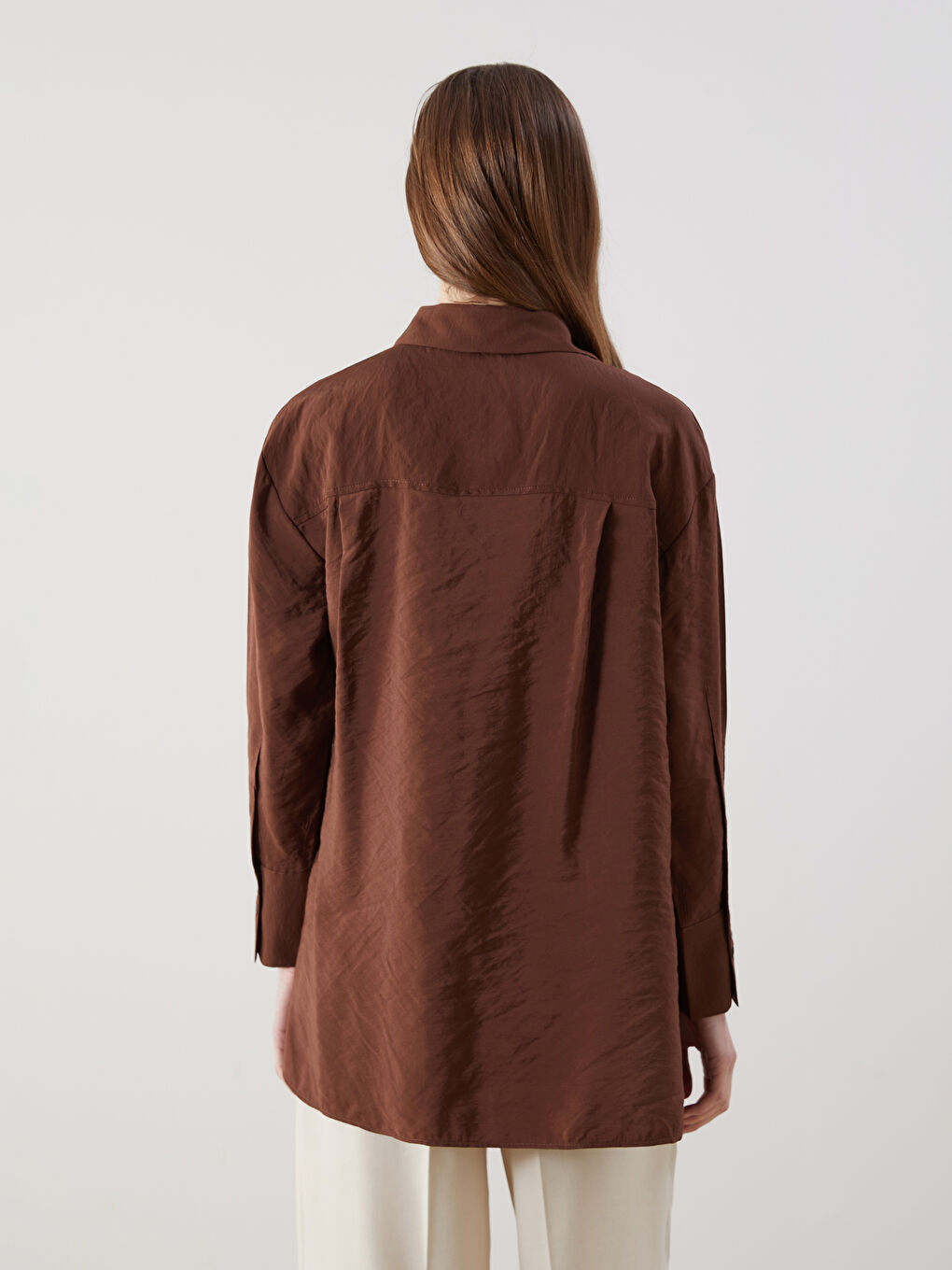 Kahverengi Modal Karışımlı Oversize Kadın Gömlek Tunik-3