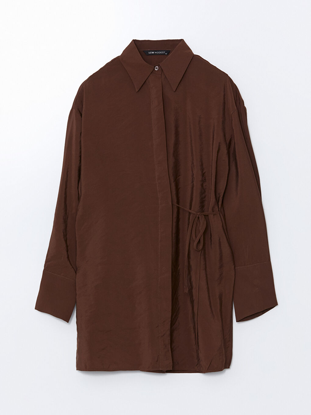 Kahverengi Modal Karışımlı Oversize Kadın Gömlek Tunik-4