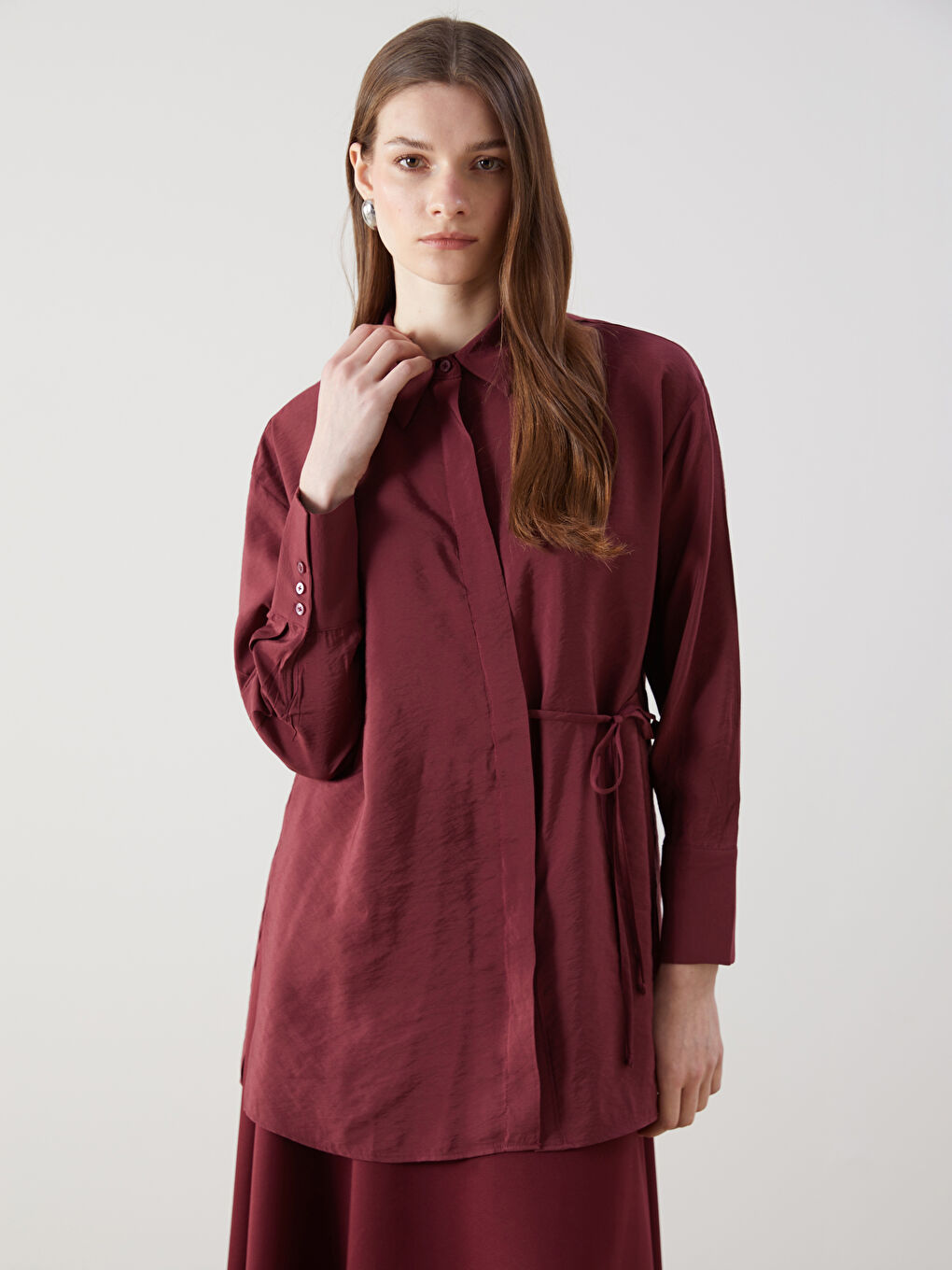 LCW Modest Bordo Modal Karışımlı Oversize Kadın Gömlek Tunik
