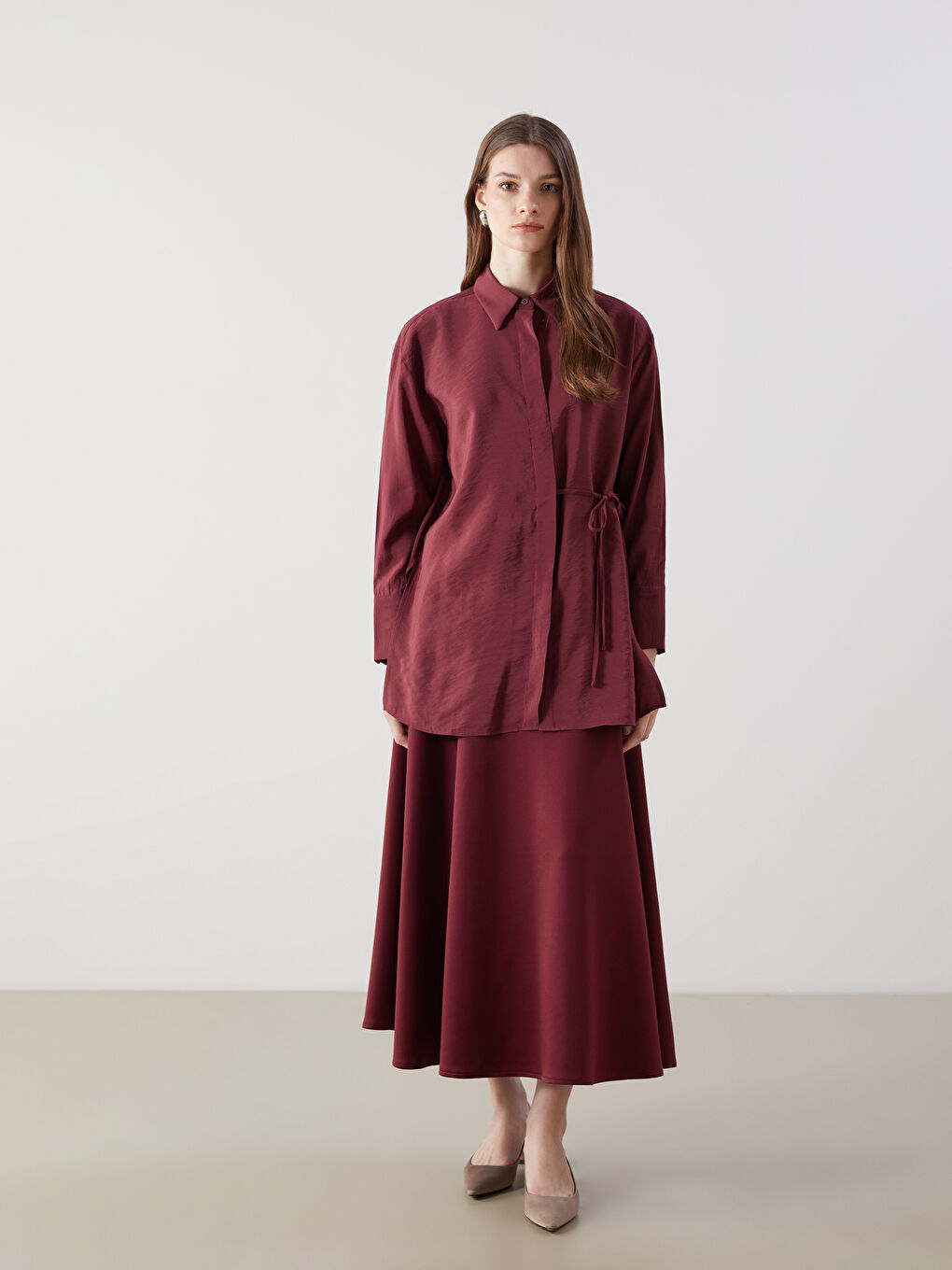 LCW Modest Bordo Modal Karışımlı Oversize Kadın Gömlek Tunik - 1