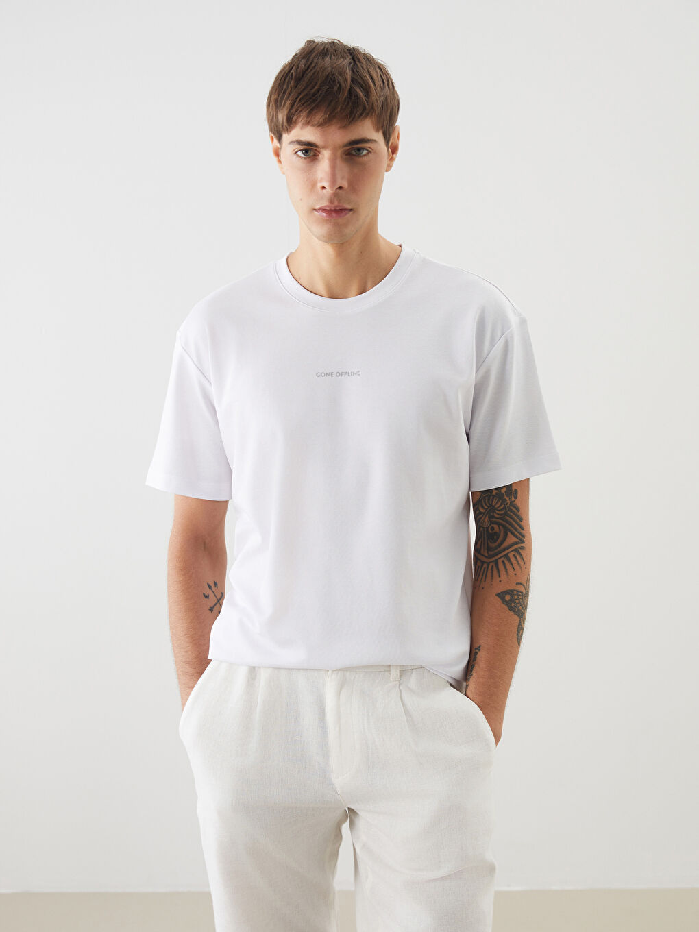 Beyaz Bisiklet Yaka Baskılı Erkek Pijama Üst