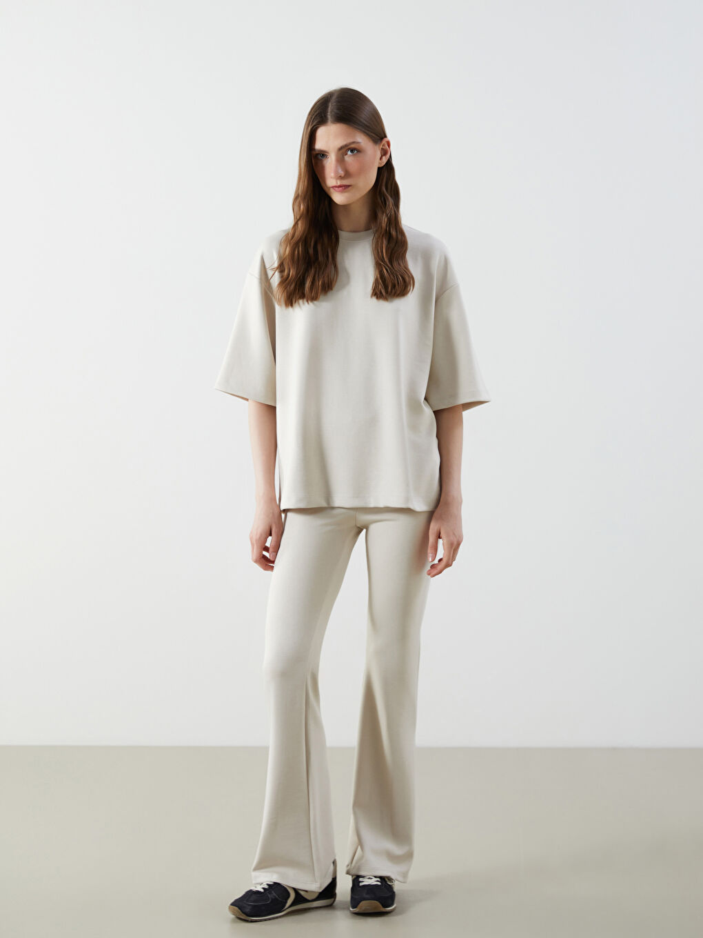 Bej Beli Lastikli İspanyol Paça Kadın Tayt Pantolon