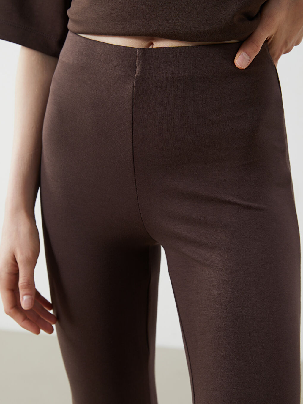 Kahverengi Beli Lastikli İspanyol Paça Kadın Tayt Pantolon-2