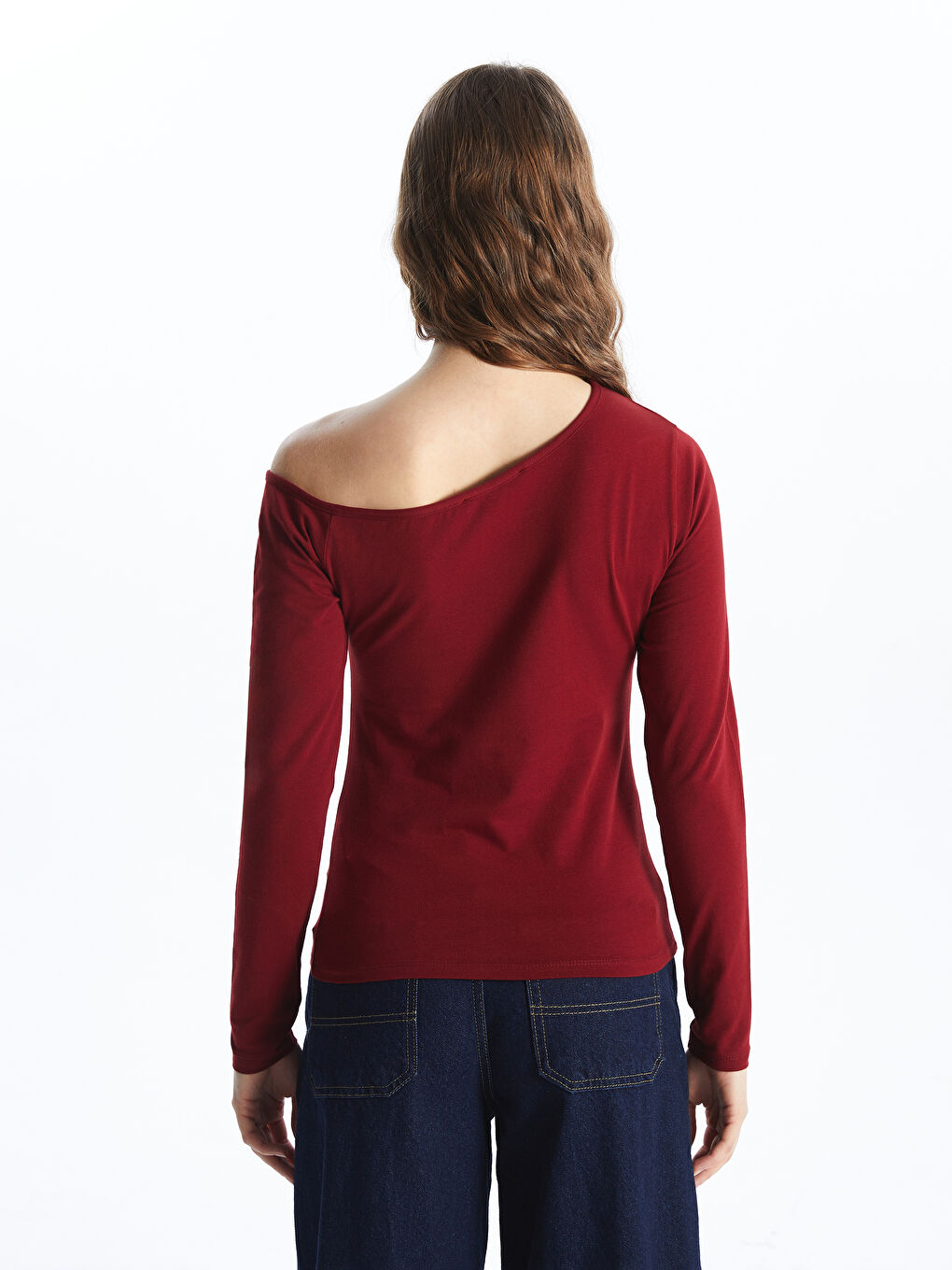 Bordo Kayık Yaka Kadın Tişört-3