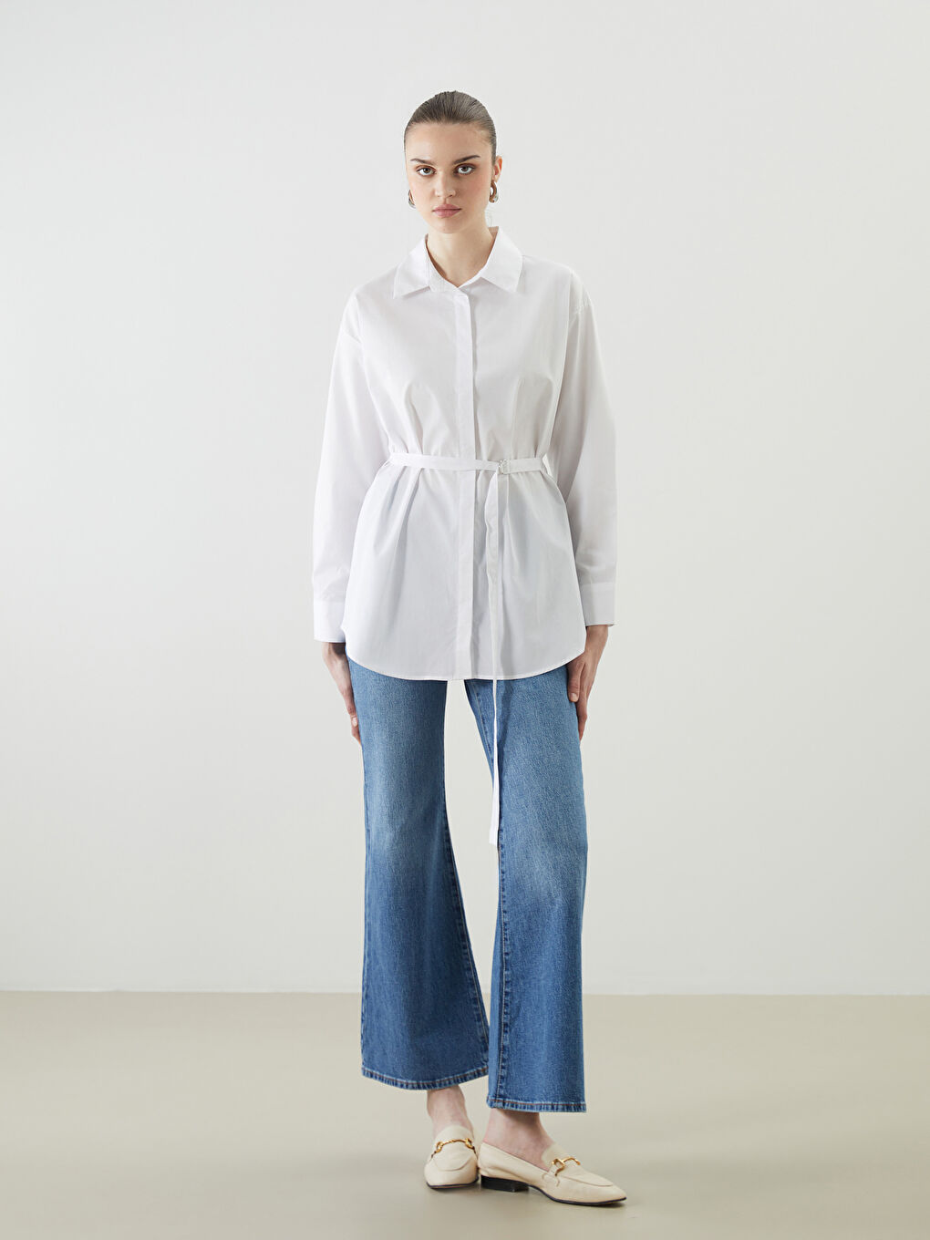 Ekru Oversize Kadın Gömlek-1