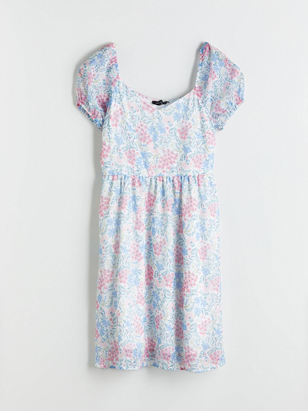 Mavi Kalp Yaka Çiçekli Balon Kollu Elbise-3