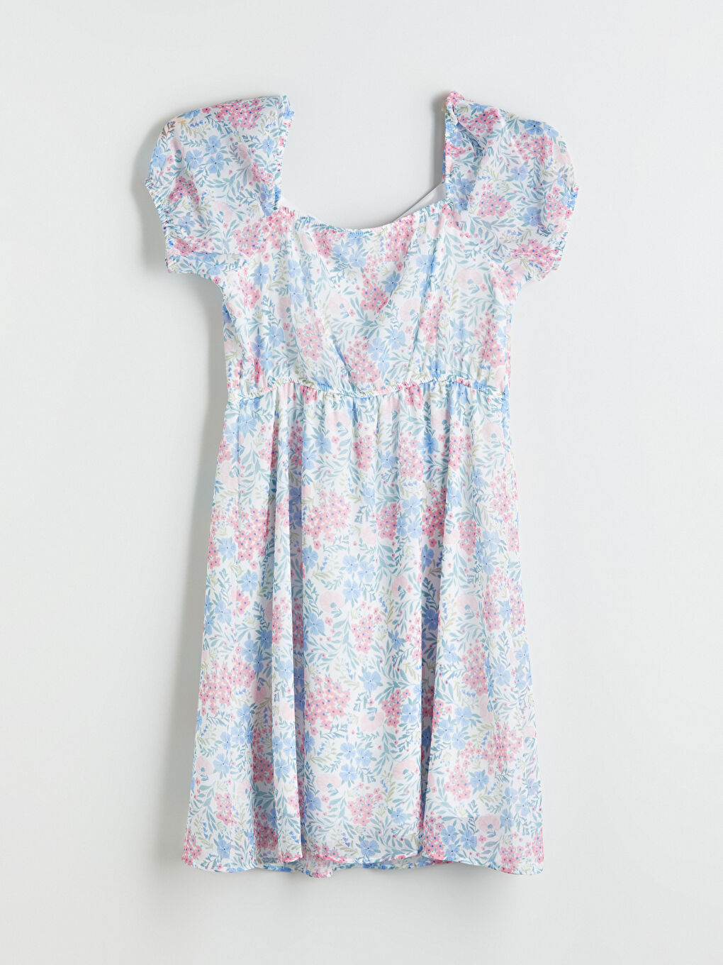 Mavi Kalp Yaka Çiçekli Balon Kollu Elbise-4