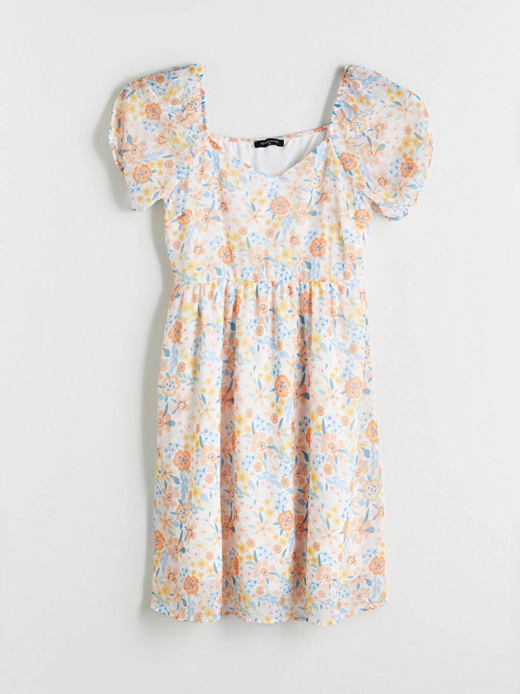 Sarı Kalp Yaka Çiçekli Balon Kollu Elbise-4